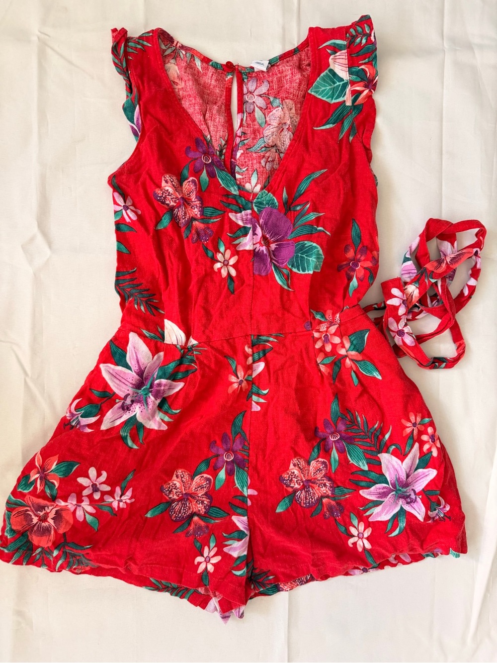 Old Navy Red Tropical Floral Romper with Waist Tie